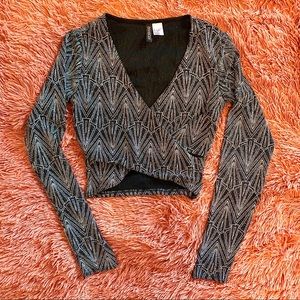 Dynamite Silver and Black Sparkly Long-sleeve Crop
